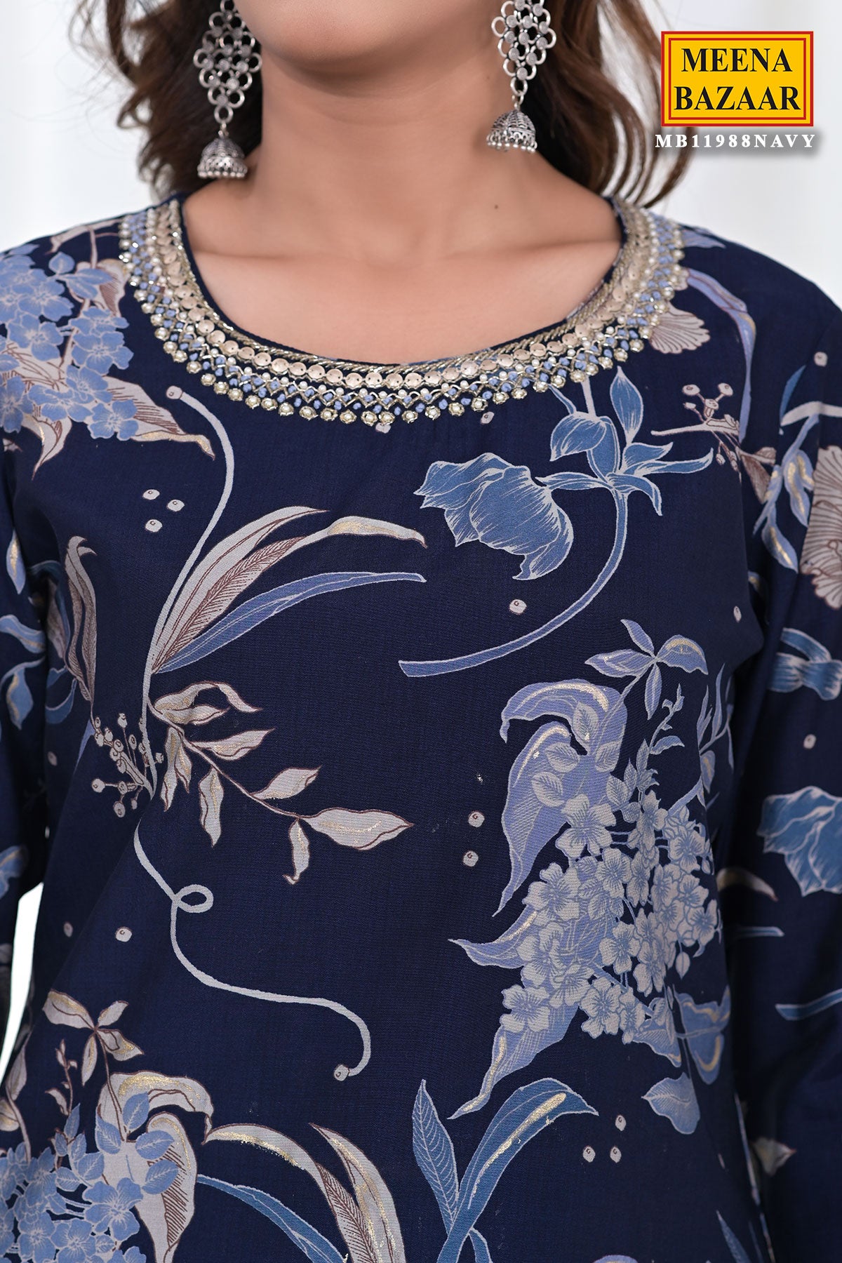 Navy Muslin Floral Printed Neck Embroidered Suit