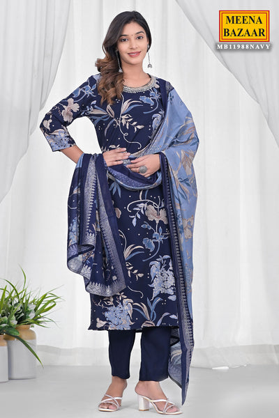 Navy Muslin Floral Printed Neck Embroidered Suit