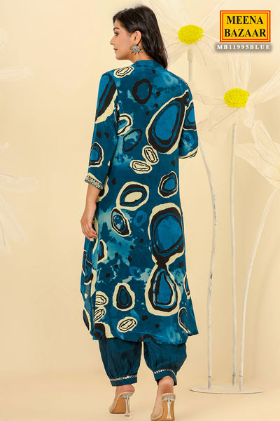 Blue Muslin Abstract Printed Embroidered Kurti Dhoti Set