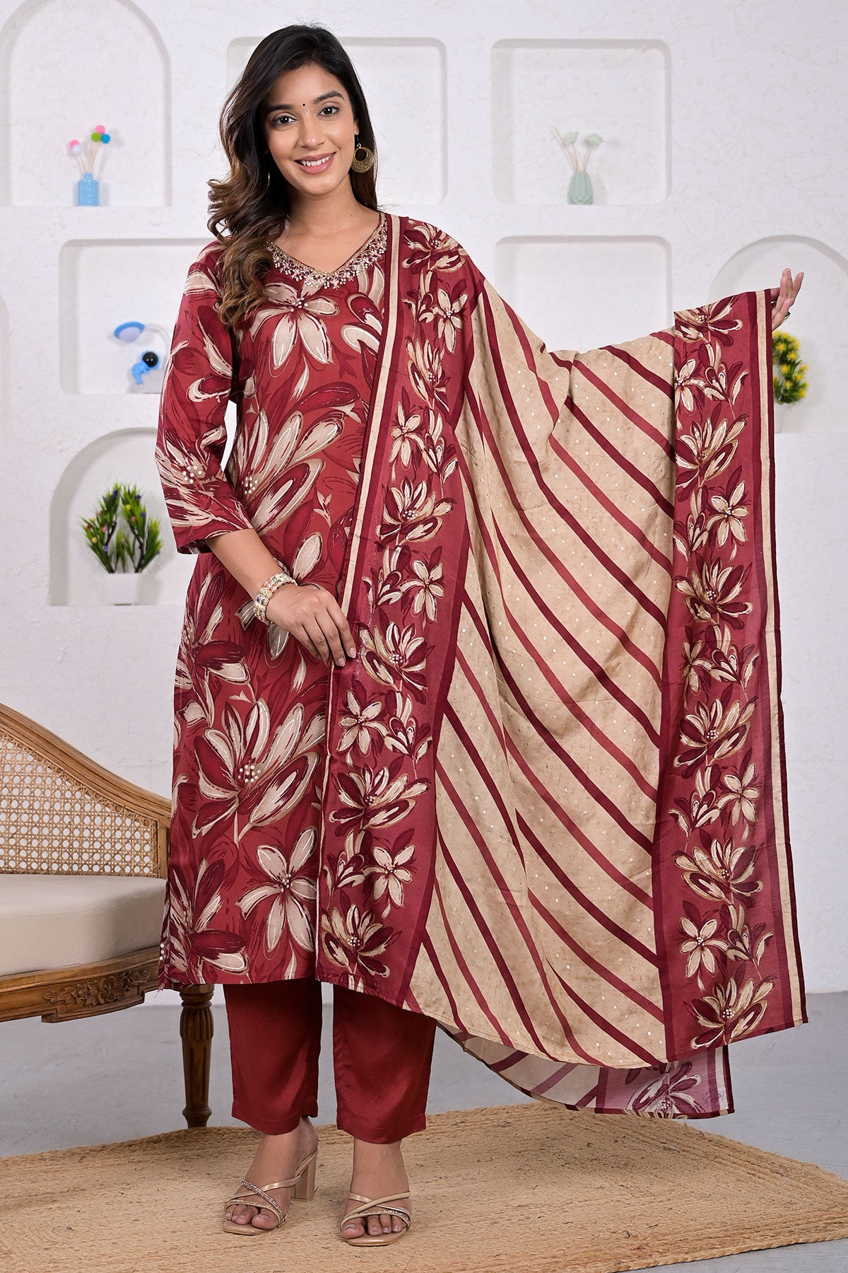 Maroon Muslin Printed Suit with Embroidered Neck