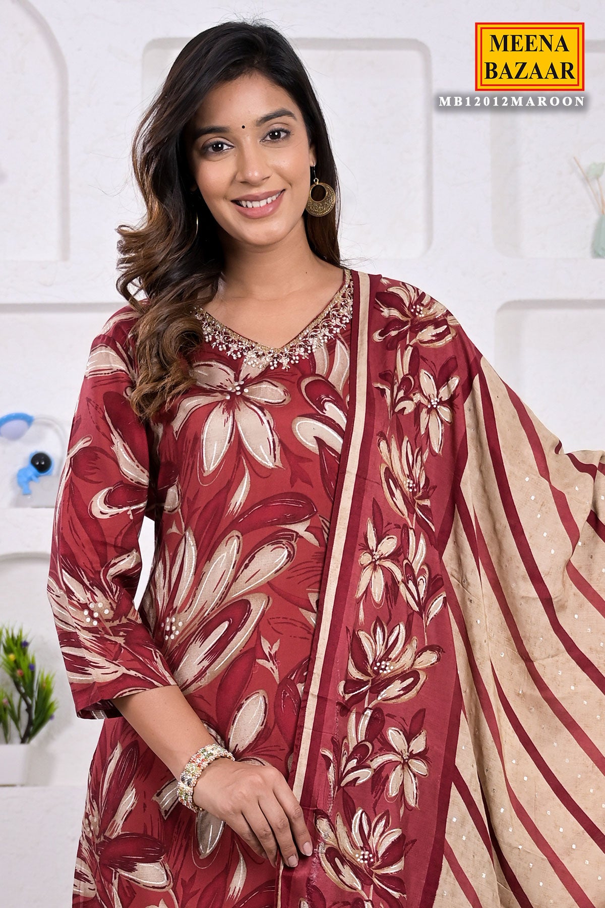 Maroon Muslin Printed Suit with Embroidered Neck