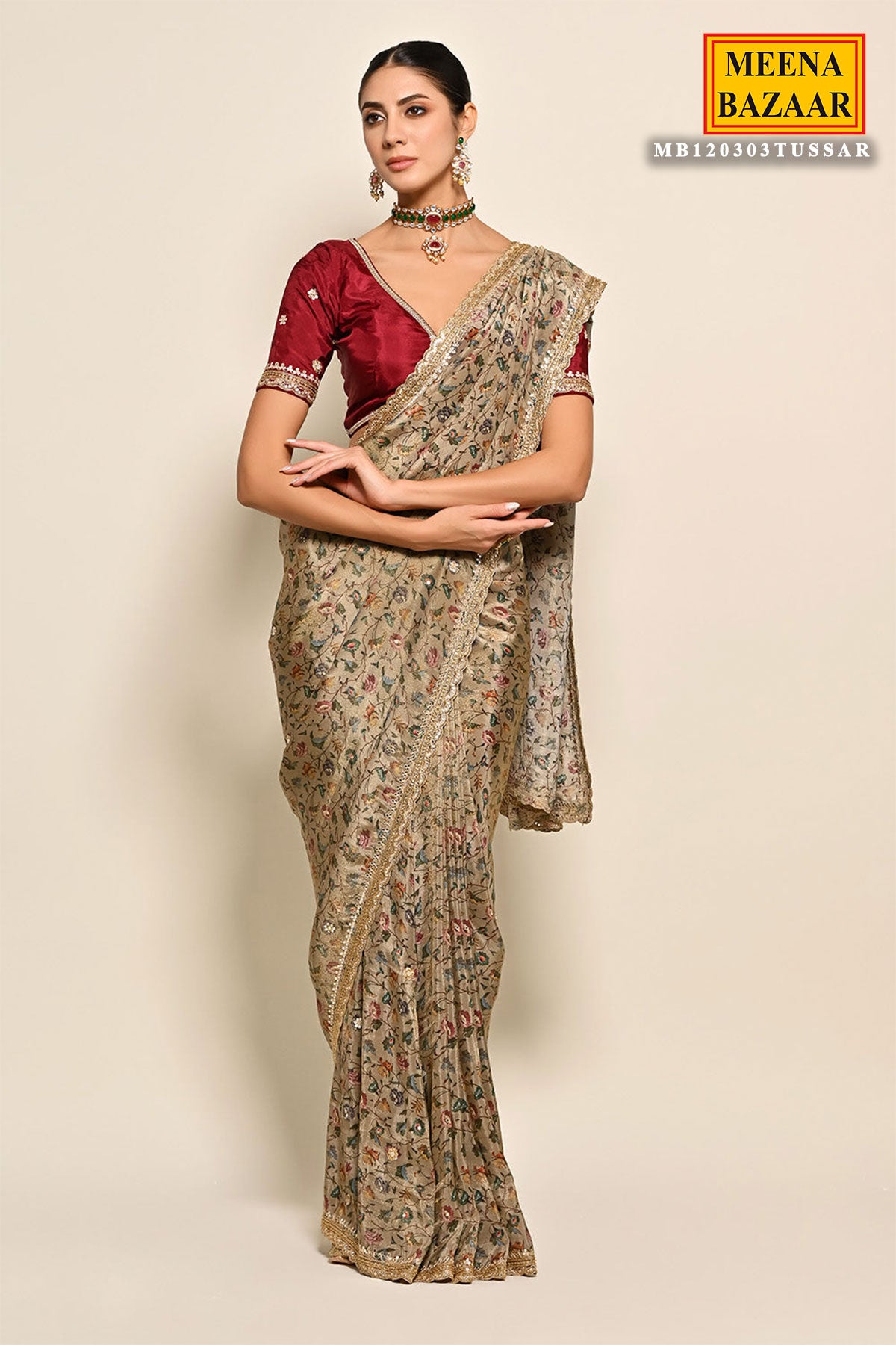 Tussar-Hued Silk Floral Digital Printed Saree with Embroidered Border