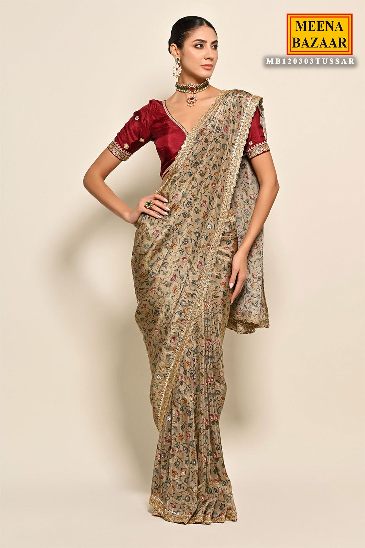 Tussar-Hued Silk Floral Digital Printed Saree with Embroidered Border