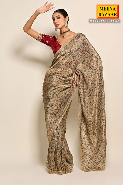 Tussar-Hued Silk Floral Digital Printed Saree with Embroidered Border