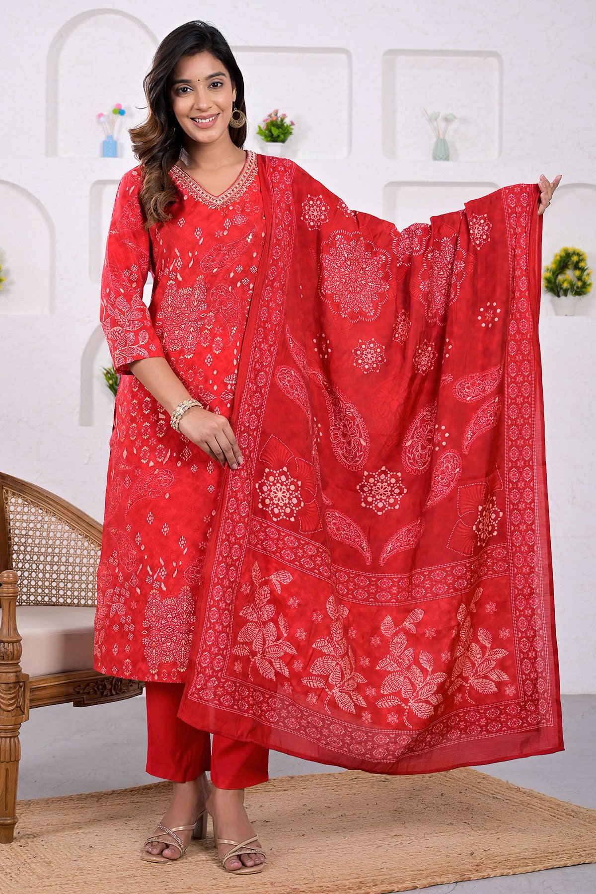 Red Muslin Silk Floral Printed Neck Embroidered Suit