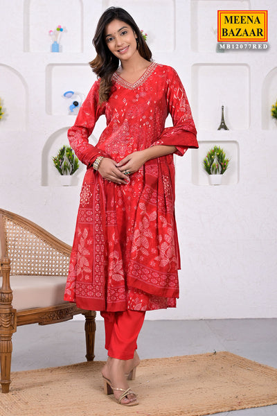 Red Muslin Silk Floral Printed Neck Embroidered Suit