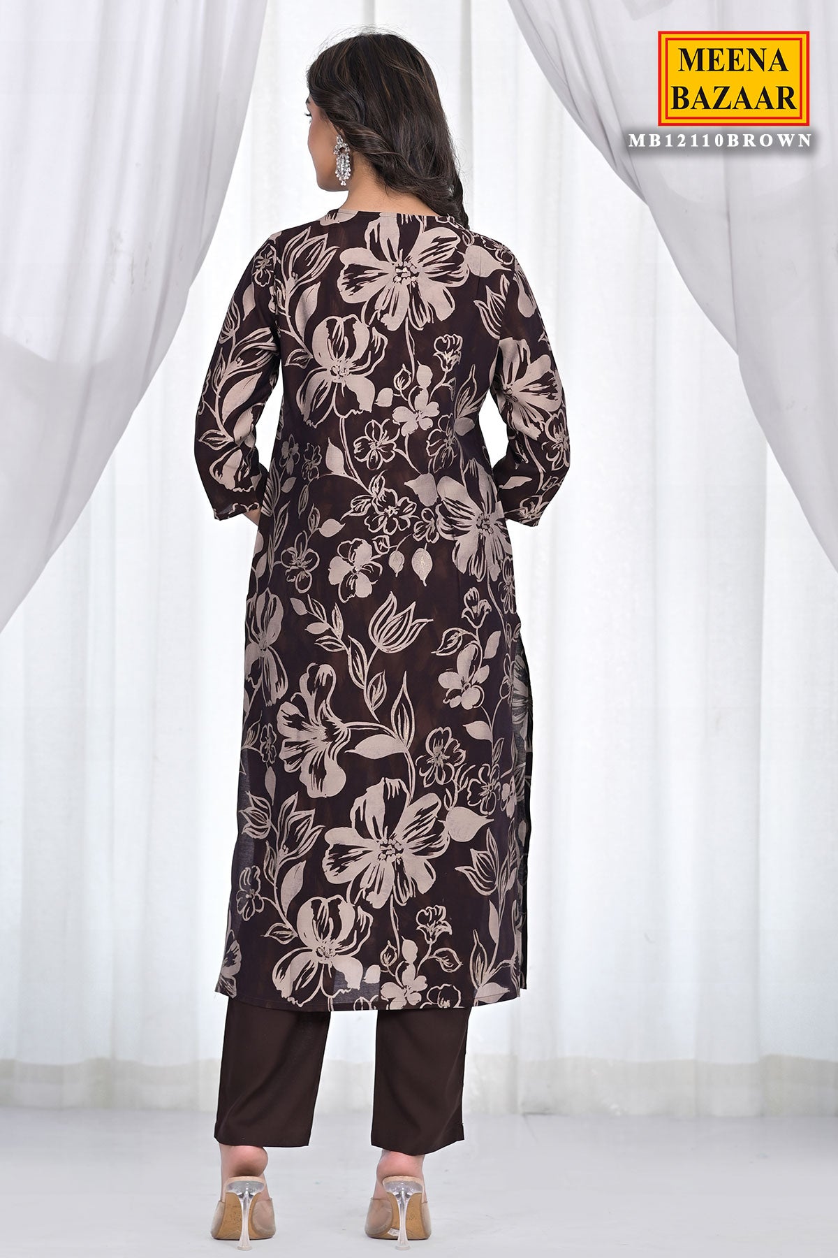 Brown Muslin Floral Printed Neck Embroidered Suit