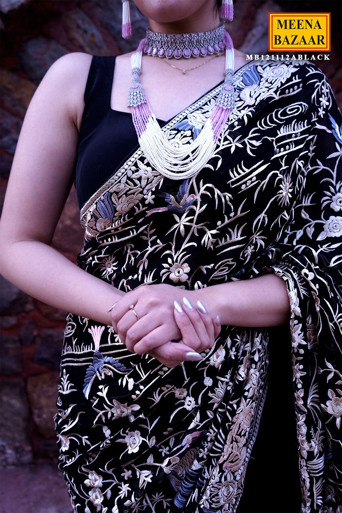 Black Georgette Floral Threadwork Embroidered Saree