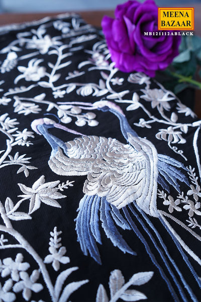 Black Georgette Floral Threadwork Embroidered Saree