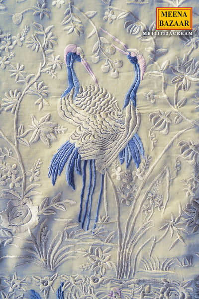 Cream Georgette Floral Threadwork Embroidered Saree