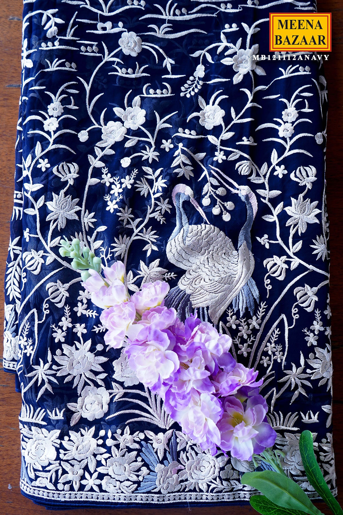 Navy Georgette Floral Gara Threadwork Embroidered Saree