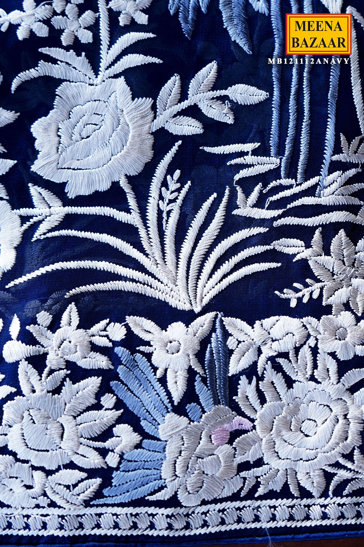 Navy Georgette Floral Gara Threadwork Embroidered Saree