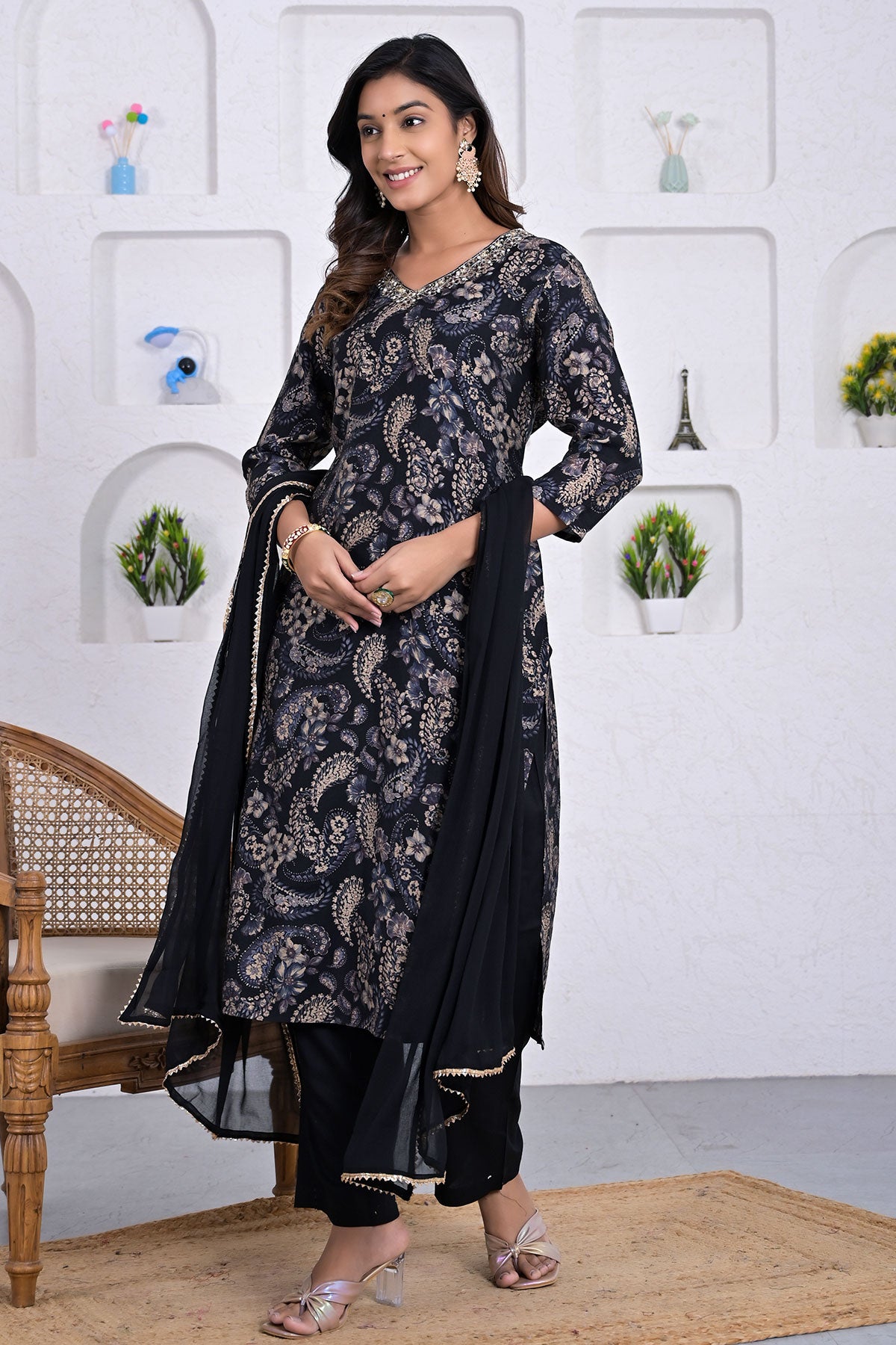 Black Muslin Digital Floral Printed Suit Set