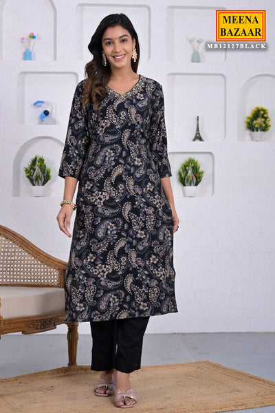 Black Muslin Digital Floral Printed Suit Set