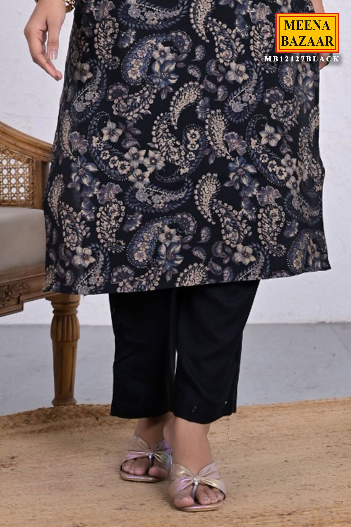 Black Muslin Digital Floral Printed Suit Set