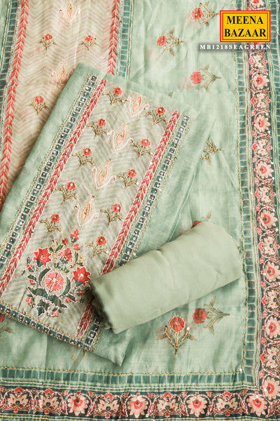 Green Chanderi Cotton Sequin Embroidered Printed Suit Sets