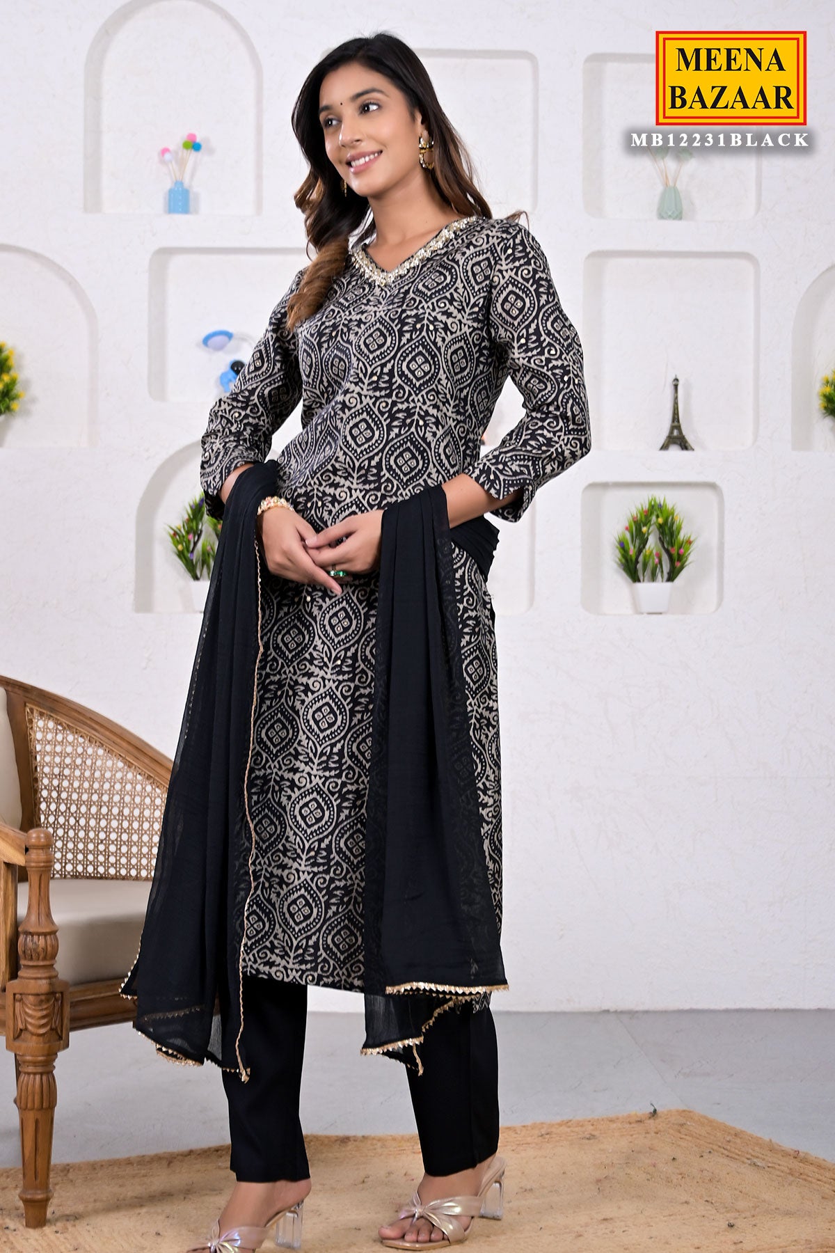 Black Muslin Printed Neck Embroidered Suit