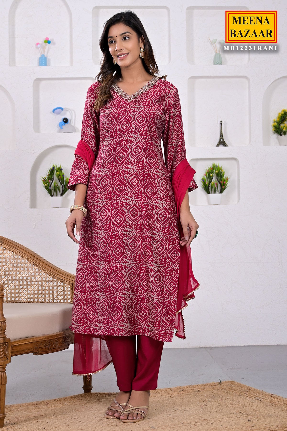 Rani Muslin Printed Neck Embroidered Suit