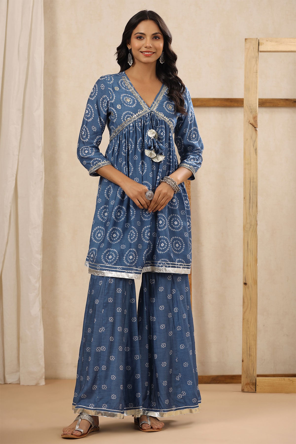 Blue Printed Gharara Suit With Gota Patti