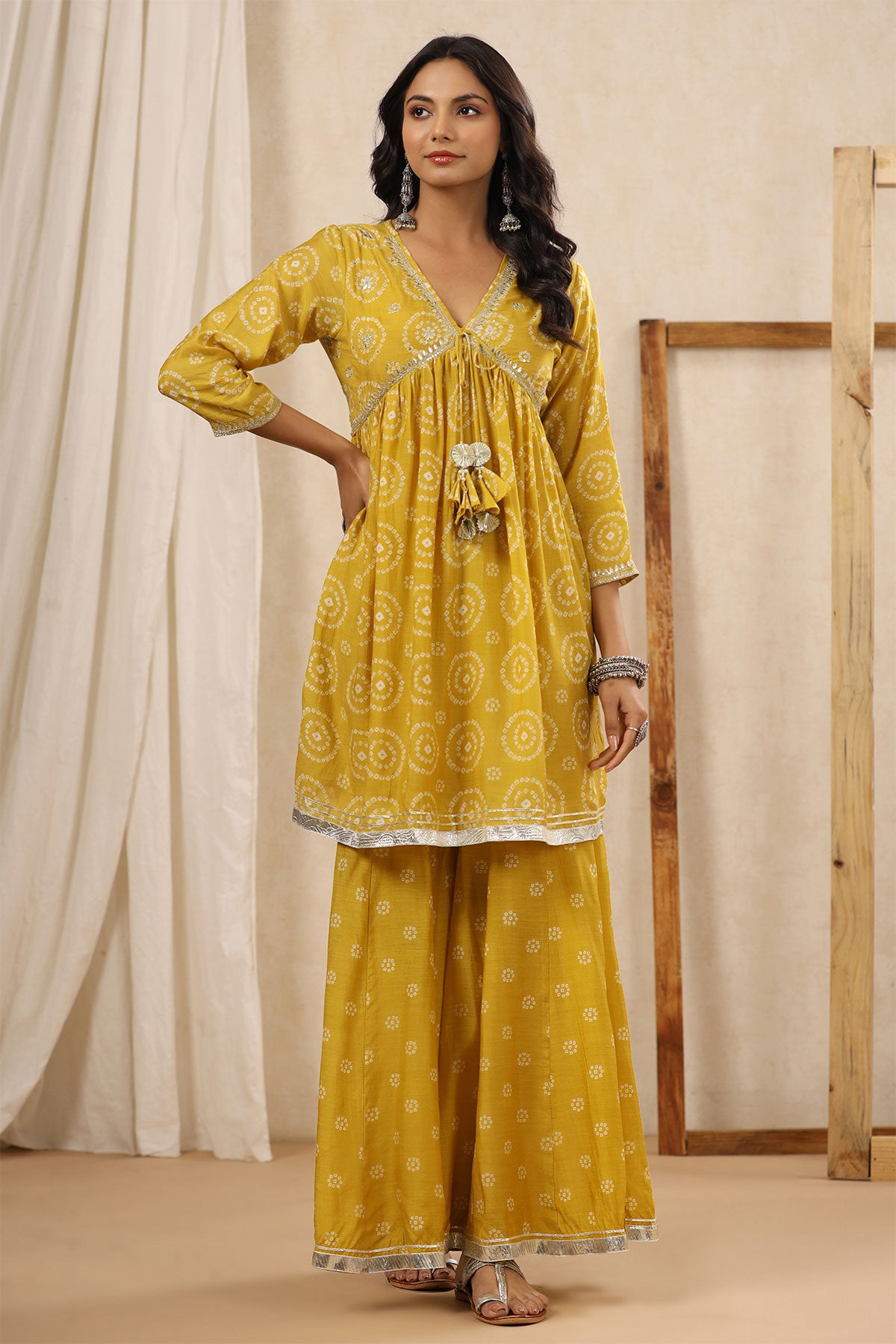 Mustard Printed Gharara Suit With Gota Patti