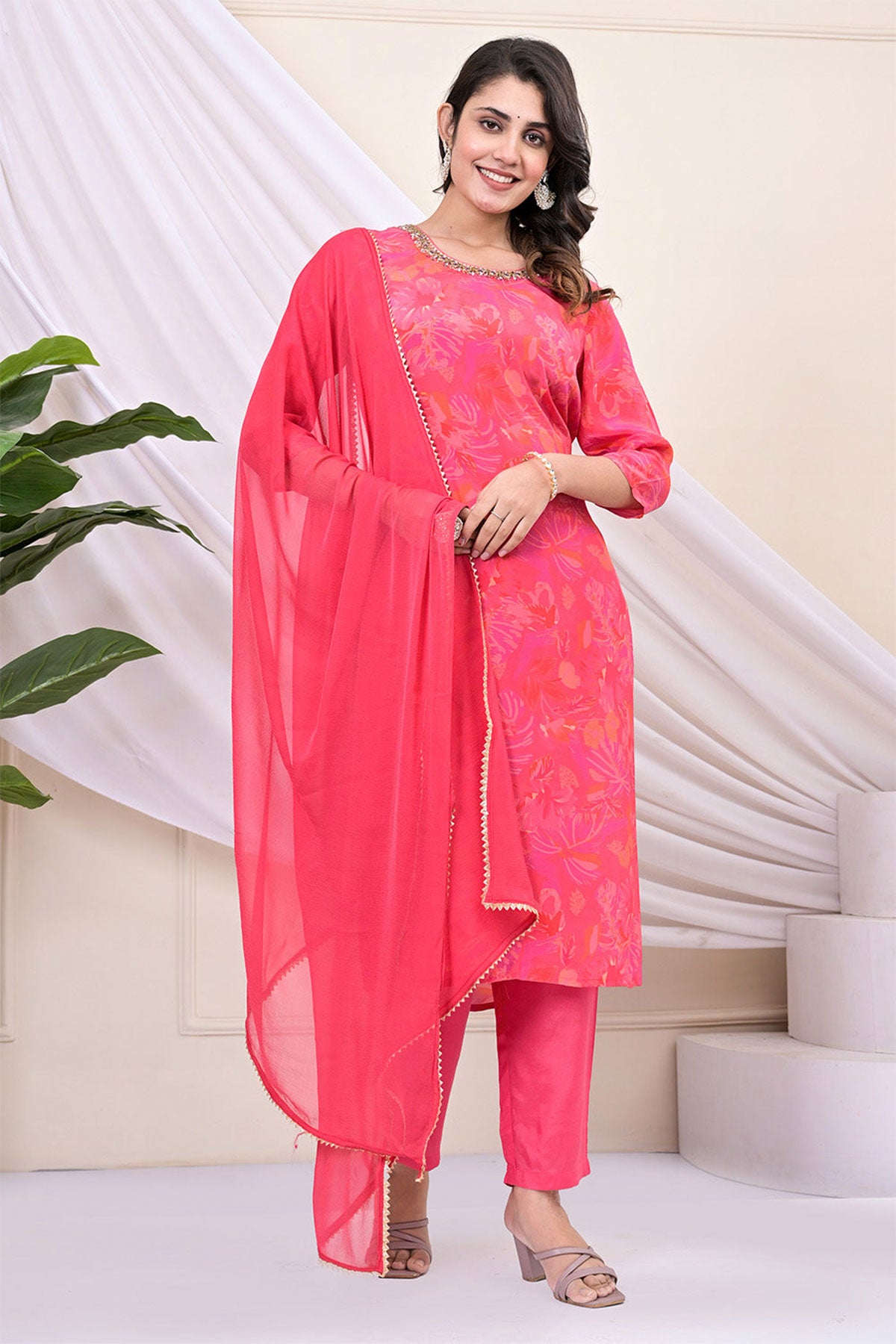 Rani Pink Muslin Floral Printed Neck Embroidered Suit Set