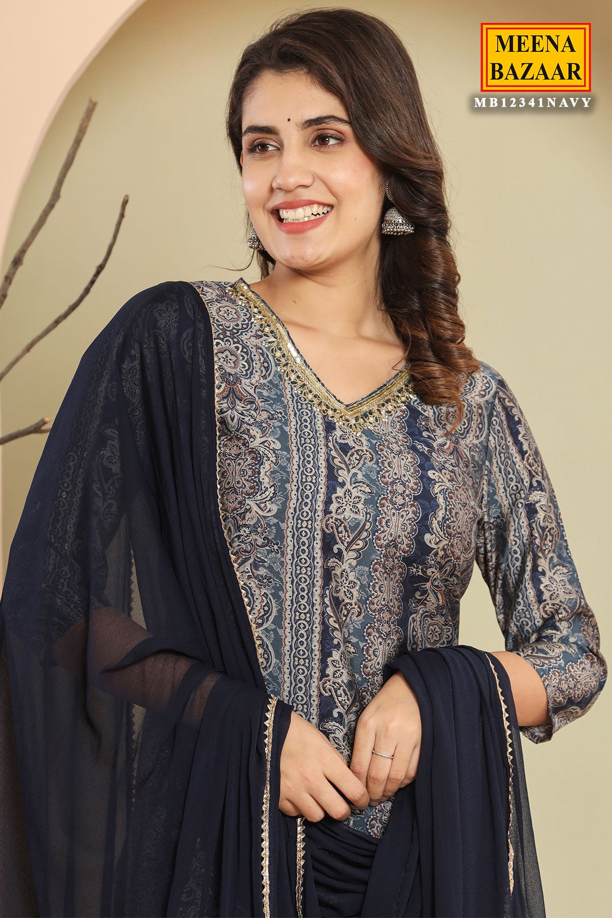 Navy Muslin Printed Neck Embroidered Suit With Dupatta