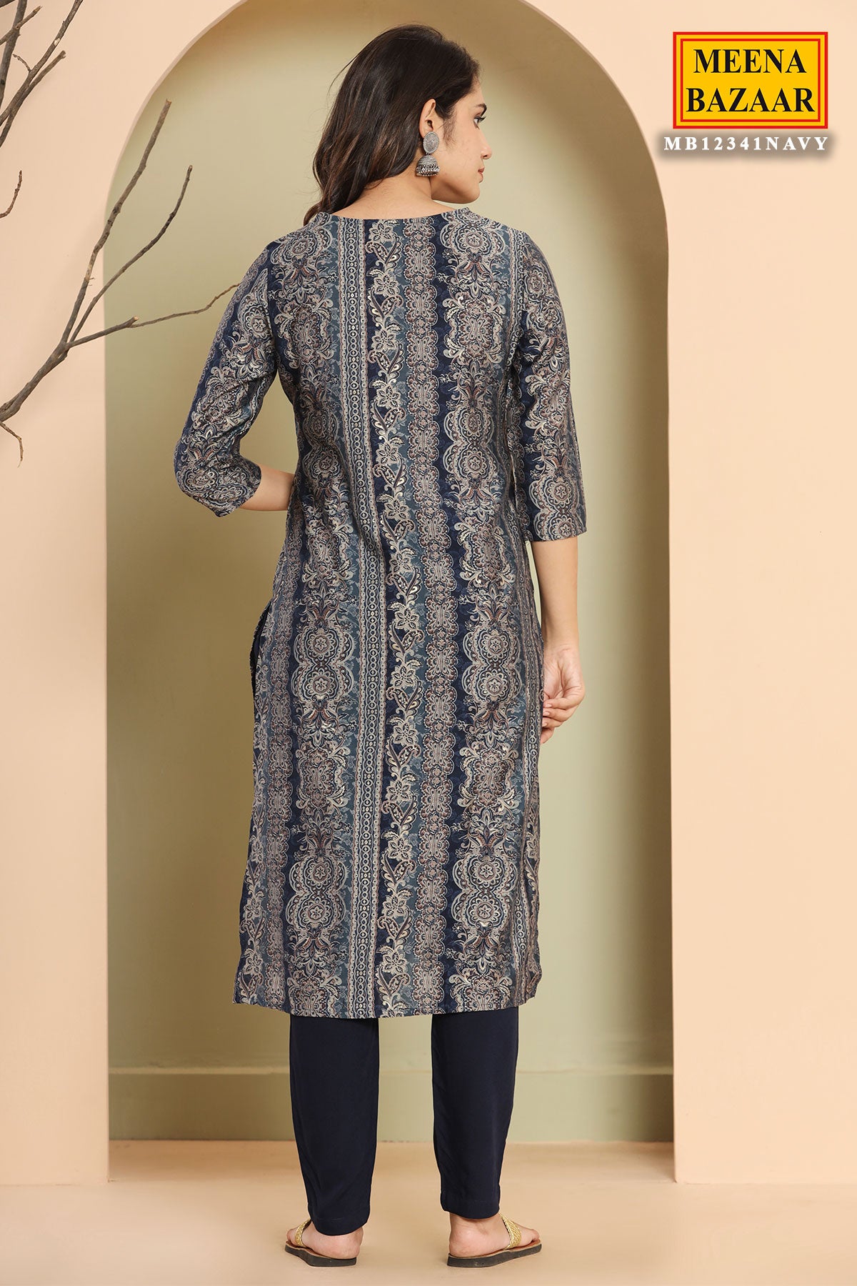 Navy Muslin Printed Neck Embroidered Suit With Dupatta