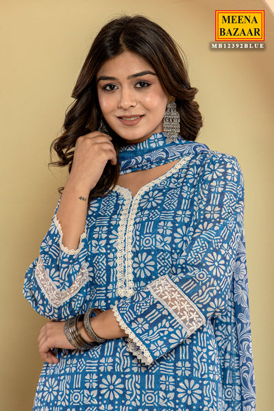 Blue Cotton Floral Printed Lace Embroidered Kurti Pant Set
