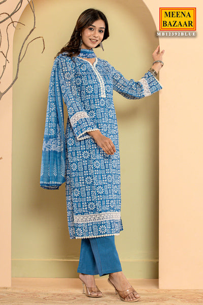 Blue Cotton Floral Printed Lace Embroidered Kurti Pant Set