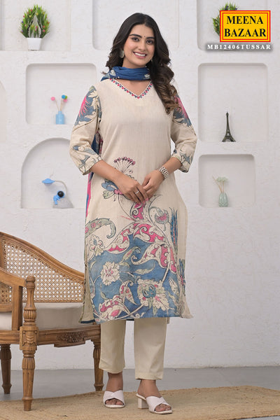 Beige Cotton Floral Printed Cut-Dana and Sequins Embroidered Suit Set