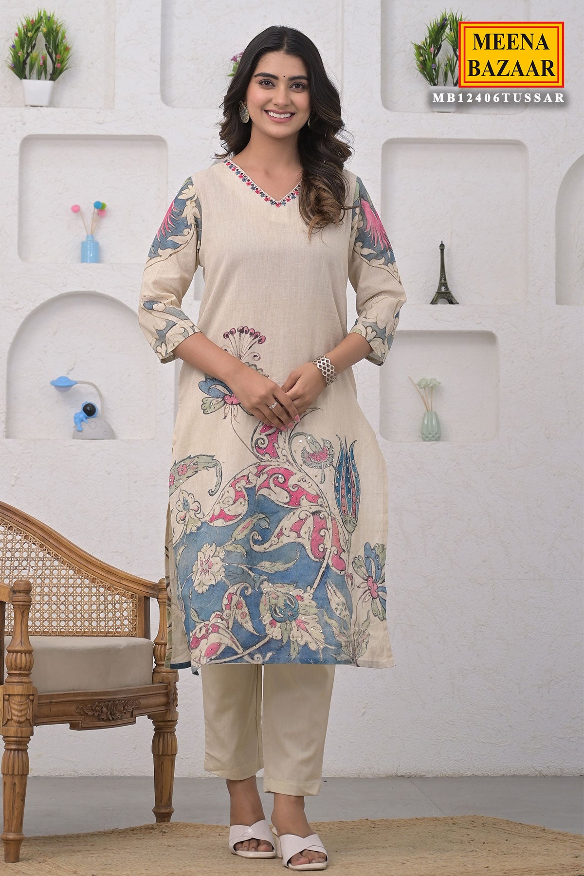 Beige Cotton Floral Printed Cut-Dana and Sequins Embroidered Suit Set