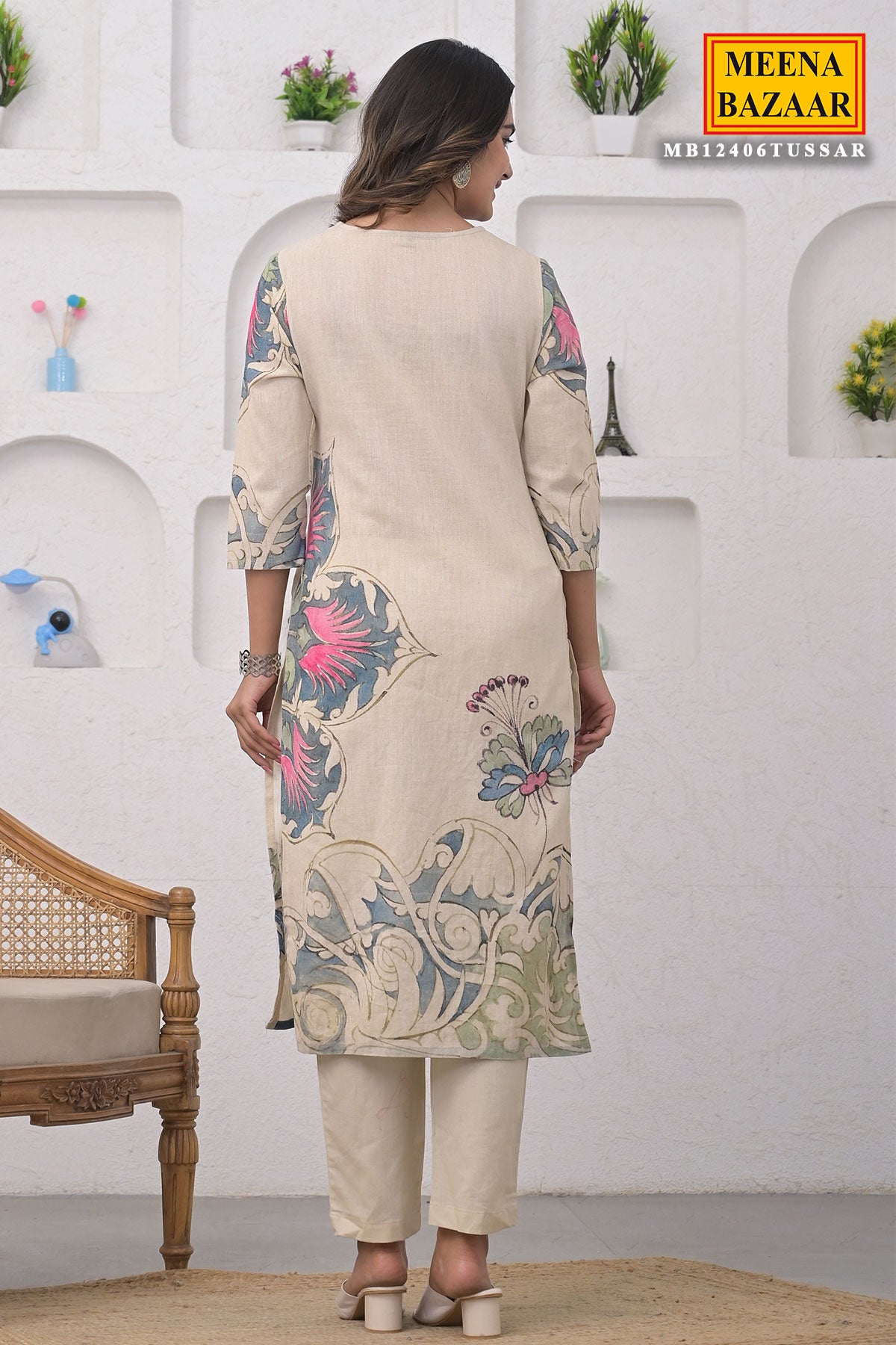 Beige Cotton Floral Printed Cut-Dana and Sequins Embroidered Suit Set