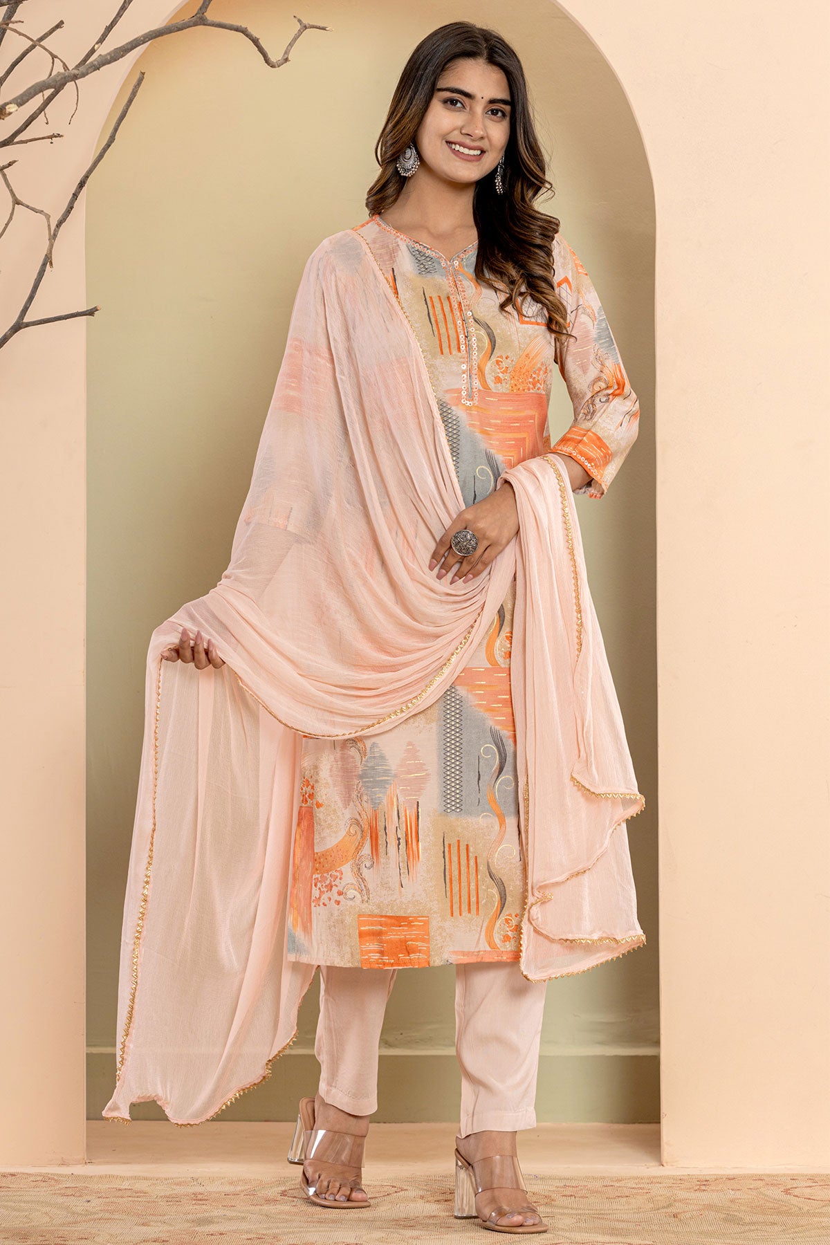 Orange Muslin Sequin Embroidered Suit With Pants Set
