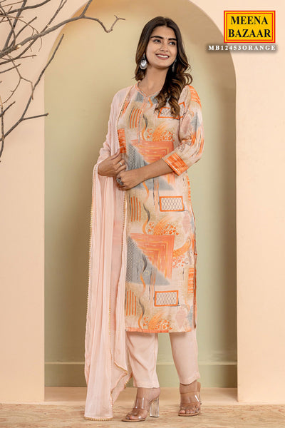 Orange Muslin Sequin Embroidered Suit With Pants Set