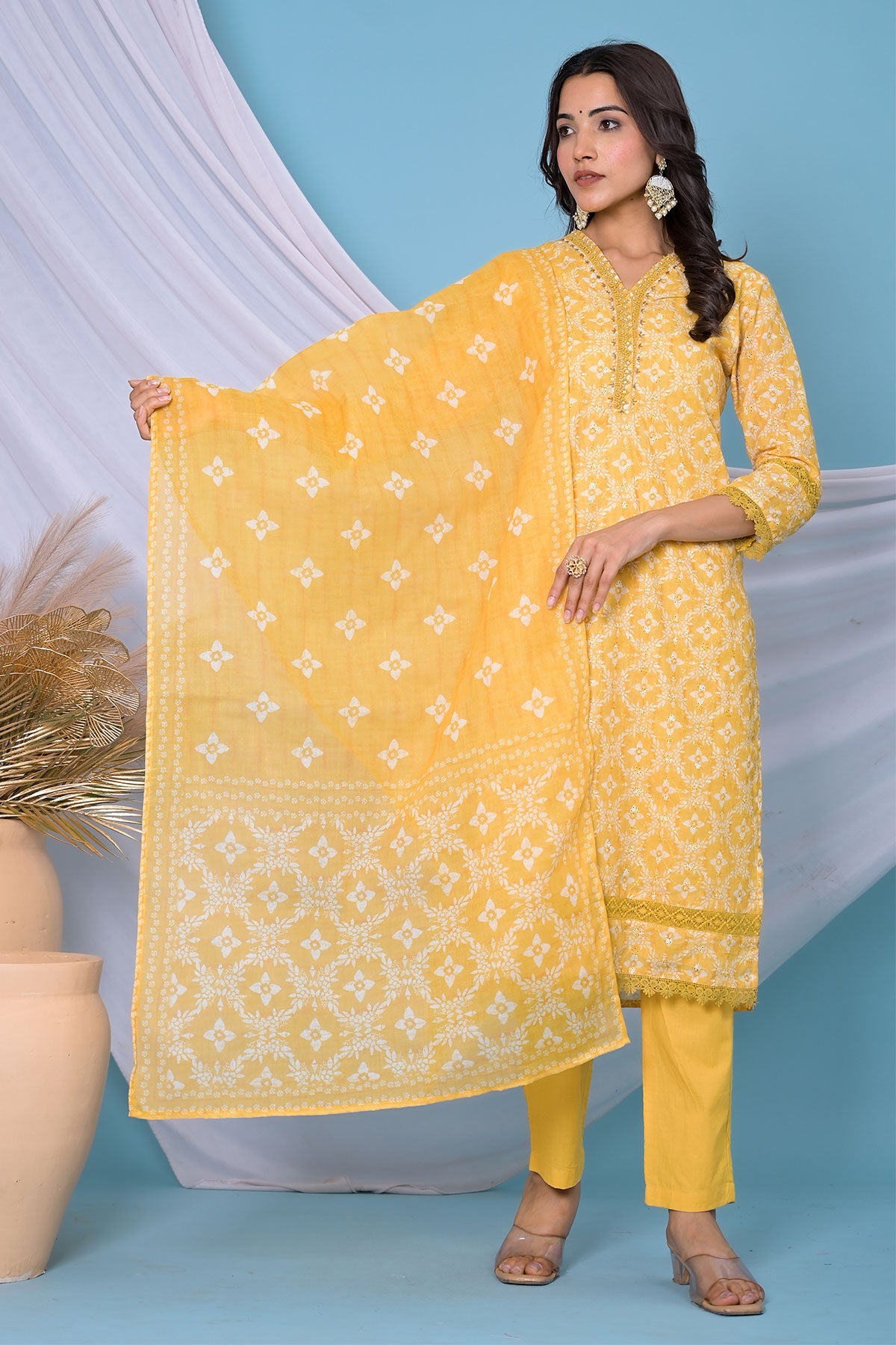 Mustard Cotton Floral Printed Sequins Embroidered Suit Set