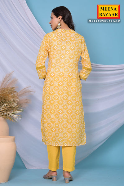 Mustard Cotton Floral Printed Sequins Embroidered Suit Set