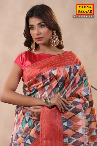 Gajari Chanderi Cotton Geometric Printed Thread Embroidered Saree