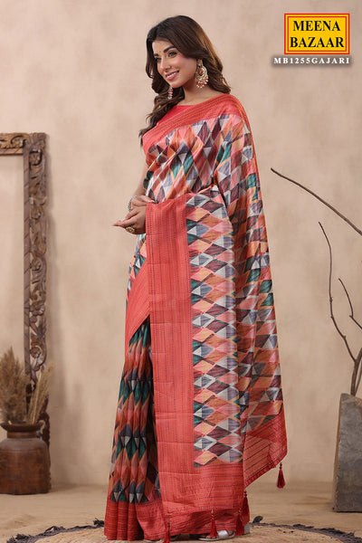 Gajari Chanderi Cotton Geometric Printed Thread Embroidered Saree