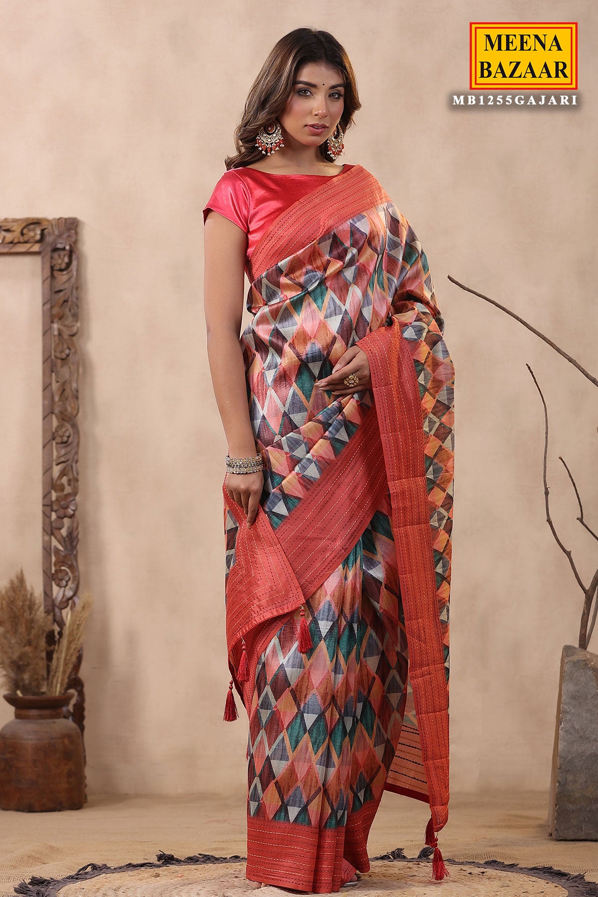 Gajari Chanderi Cotton Geometric Printed Thread Embroidered Saree