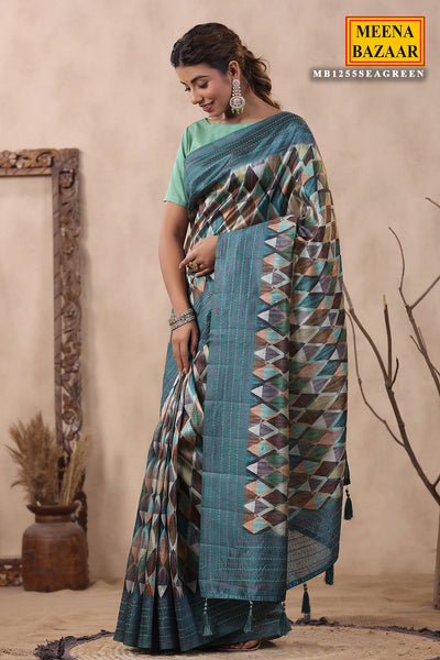 Sea Green Chanderi Cotton Geometric Printed Thread Embroidered Saree