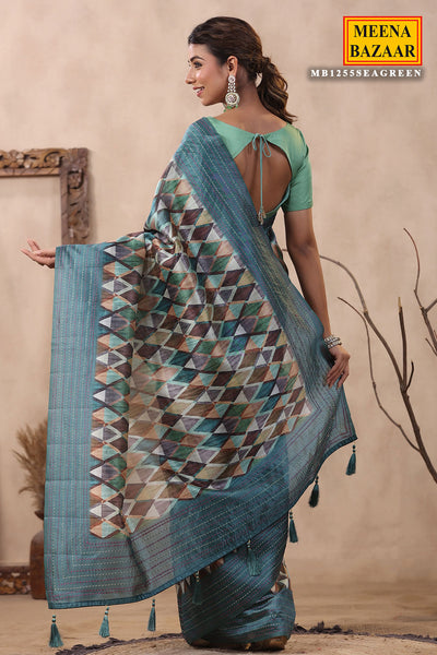 Sea Green Chanderi Cotton Geometric Printed Thread Embroidered Saree