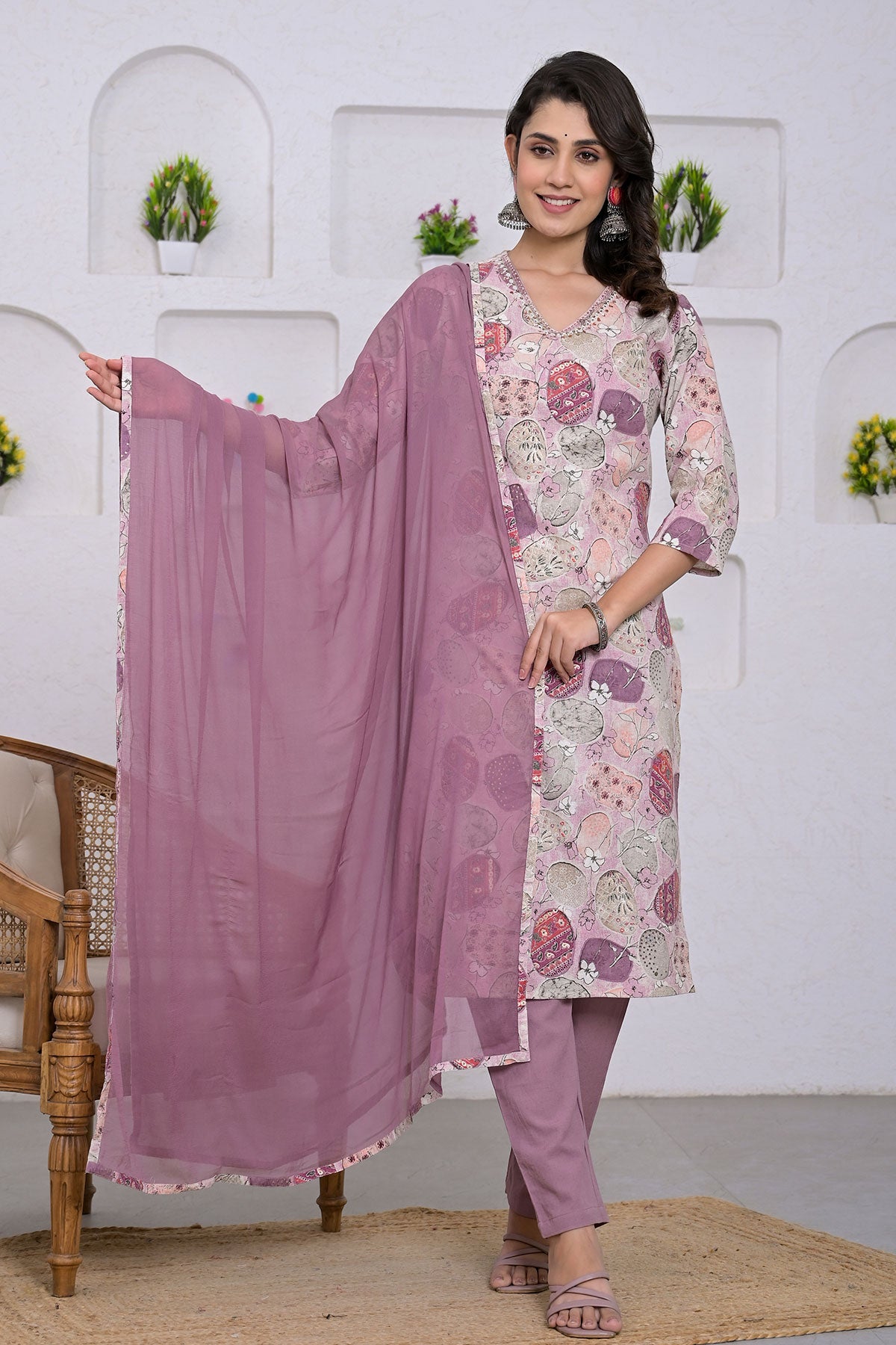 Mauve Cotton Printed Straight Suit With Trouser