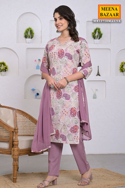 Mauve Cotton Printed Straight Suit With Trouser