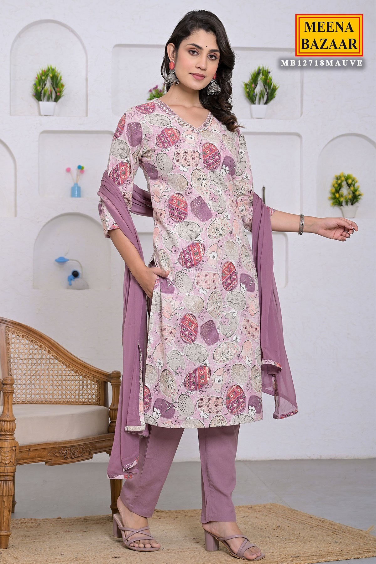 Mauve Cotton Printed Straight Suit With Trouser