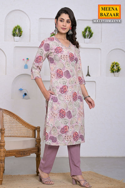 Mauve Cotton Printed Straight Suit With Trouser