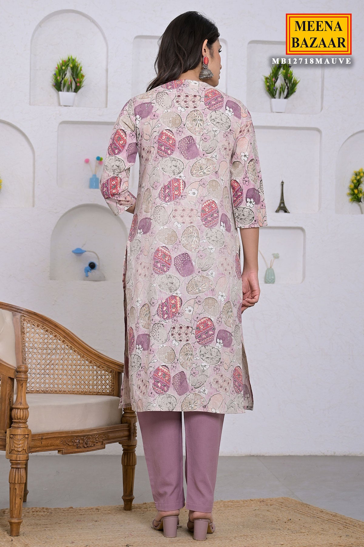 Mauve Cotton Printed Straight Suit With Trouser