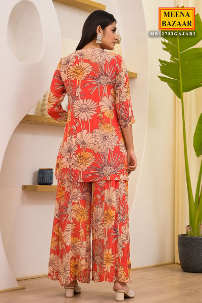 Gajari Chinon Floral Printed Neckline Embroidered Suit