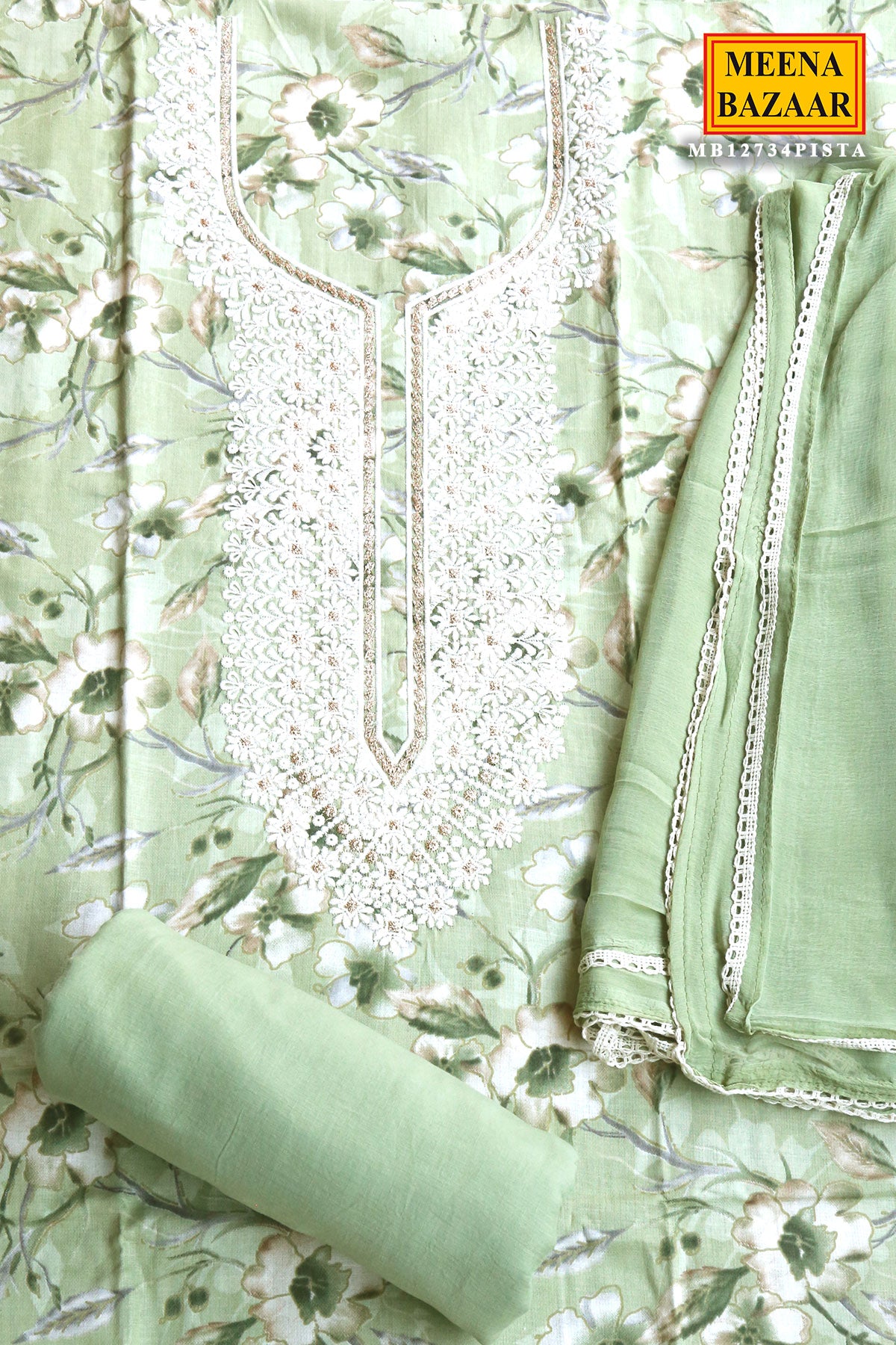 Pista Cotton Printed Threadwork Suit and Dupatta Set