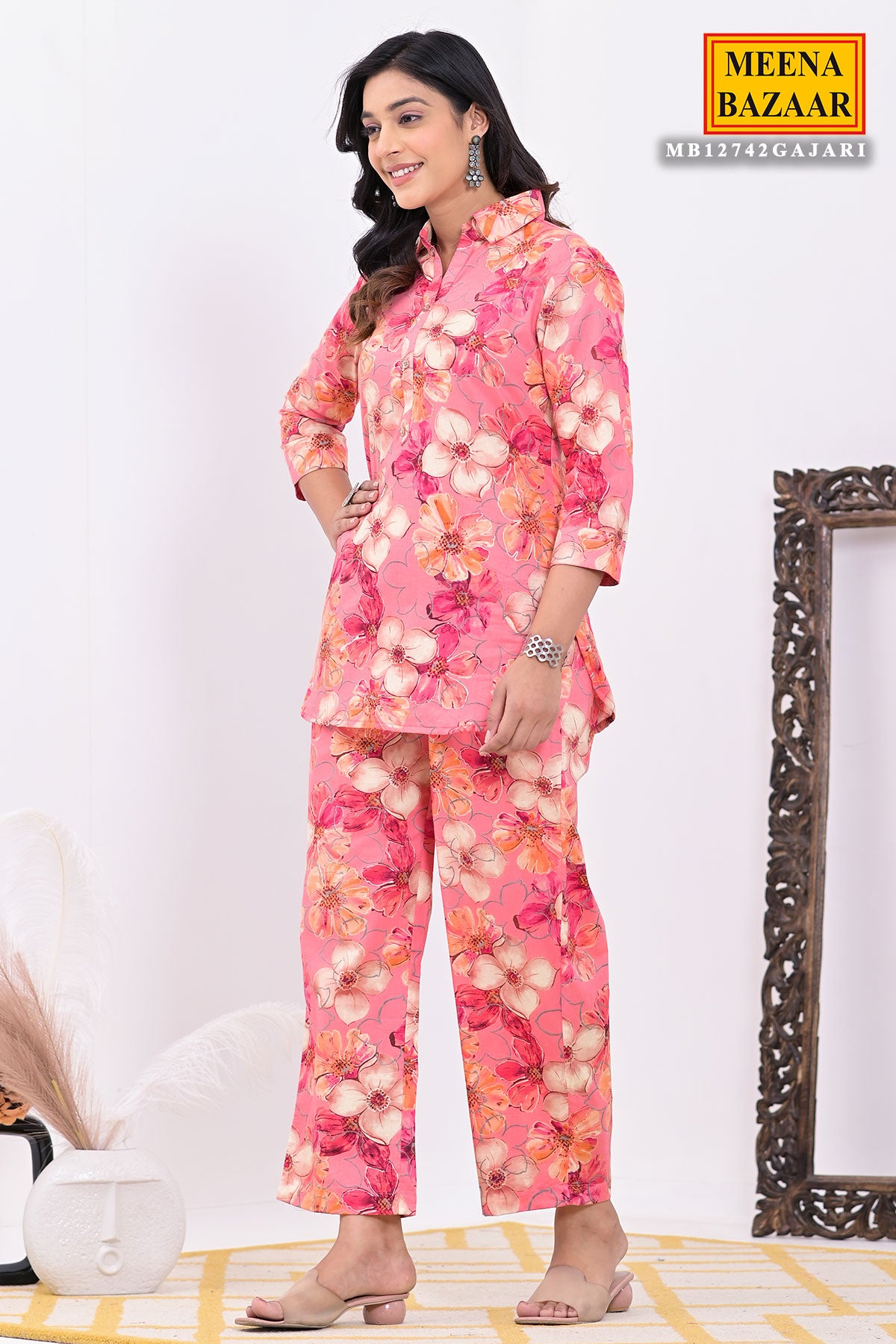 Gajari Cotton Floral Kurti Pant Co-ord Set with Shirt Collar