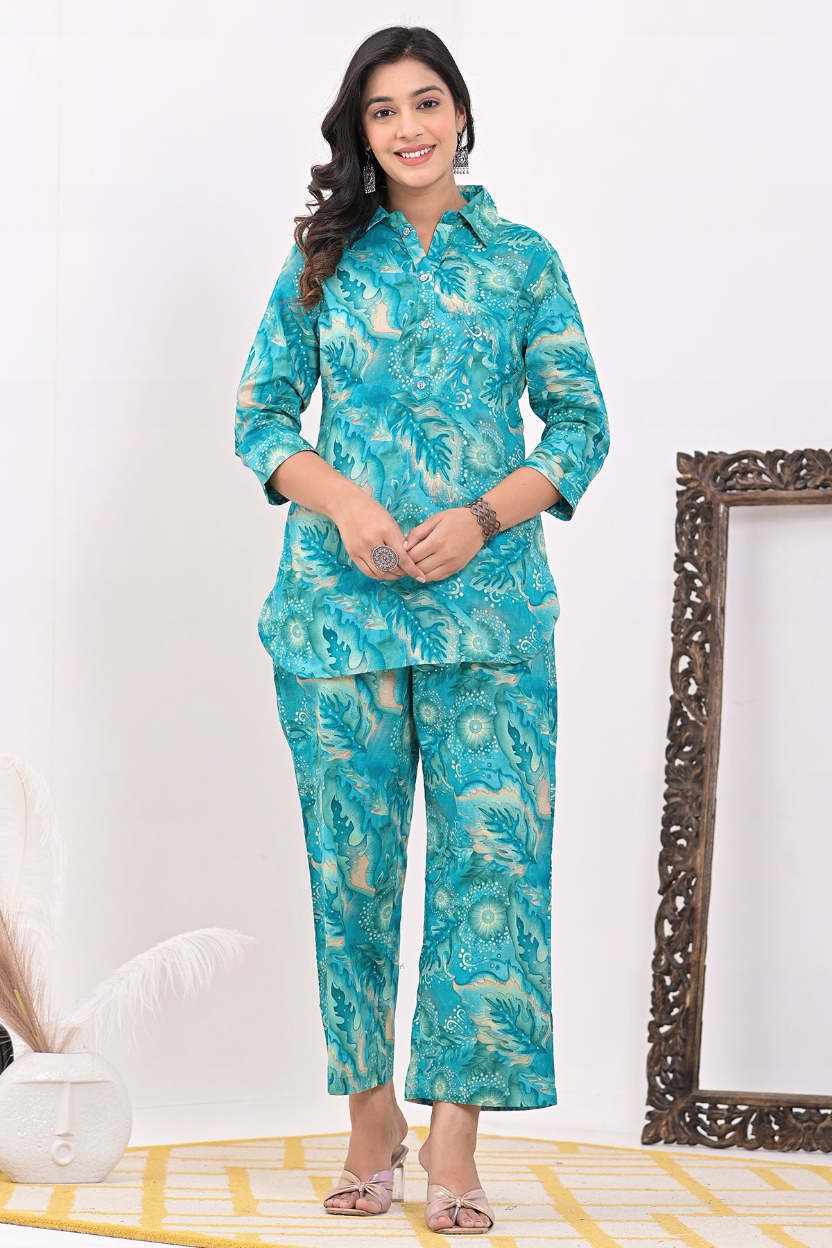 Firozi Cotton Floral Print Collared Top with Pants Co-ord Set